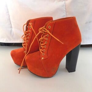 Women's Orange Suede Lace Up Platform Chunky Heel Ankle Boots Size 6